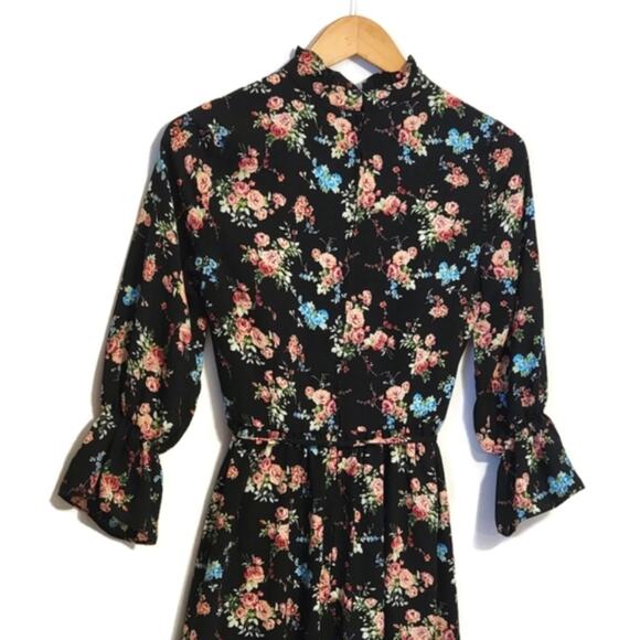 ModCloth Floral Ruffle Mock Neck Front Tie Waist Black Midi Dress Size S - Picture 11 of 16